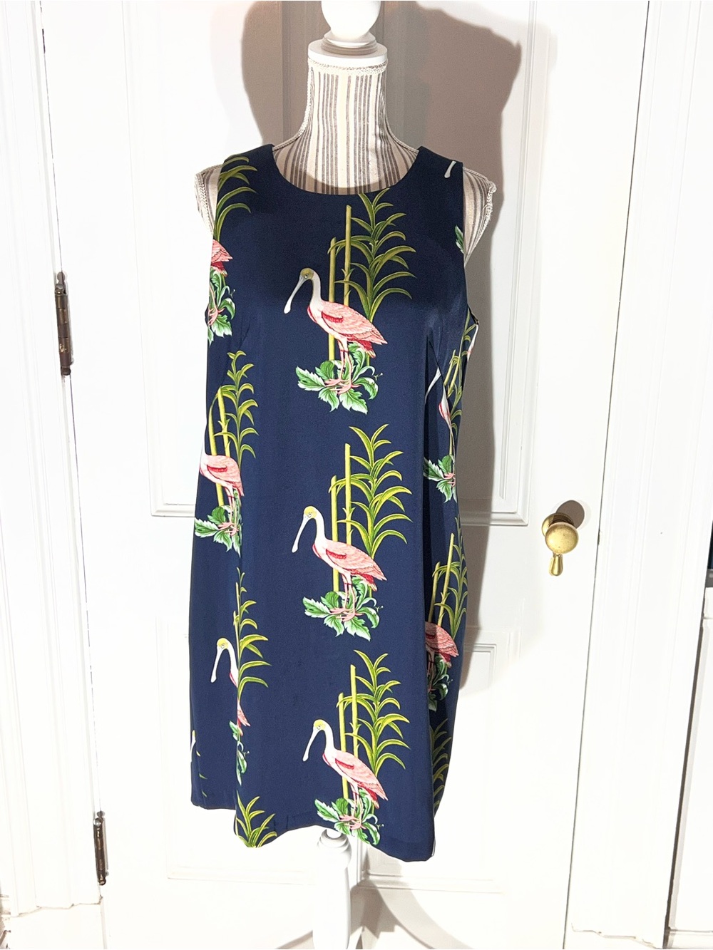 Pink Tropical Bird Print Dress Ann Taylor factory 12p crane navy sleeveless D509